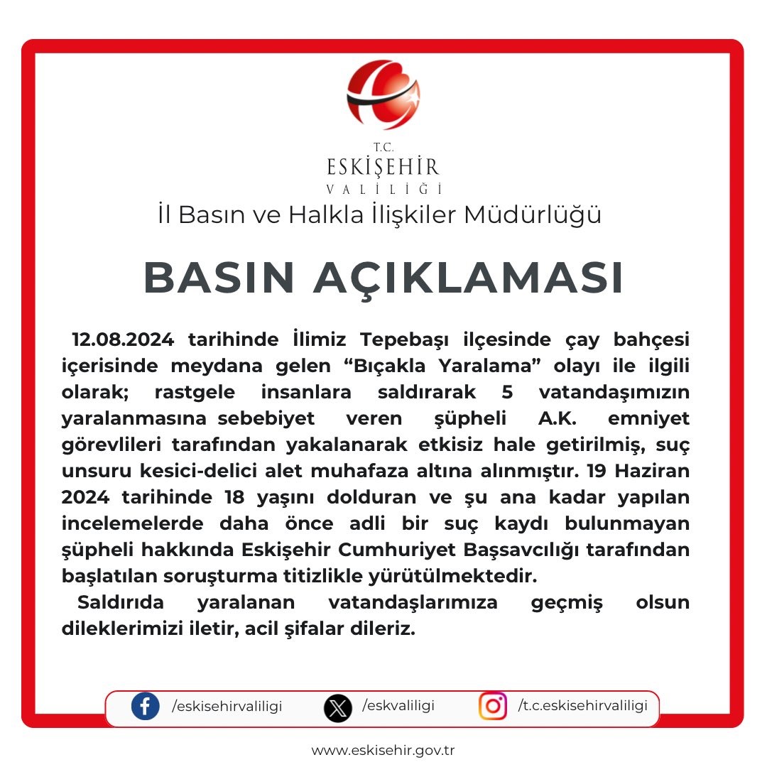 Eski̇şehi̇r Vali̇li̇ği̇ Bıçaklı Saldırı Hakkında Açıklama Yaptı