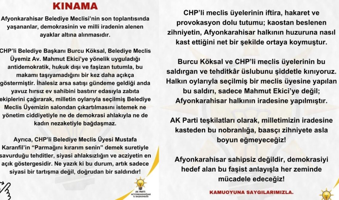AK Parti Afyonkarahisar İl başkanlığı heyeti tarafından paylaşılan yazılı kınama