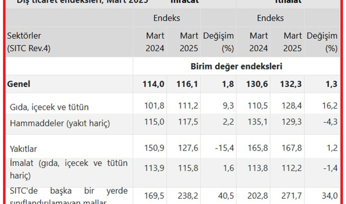 Türkiye İstatistik Kurumu (TÜİK) mart ayına ilişkin dış ticaret endeksleri
