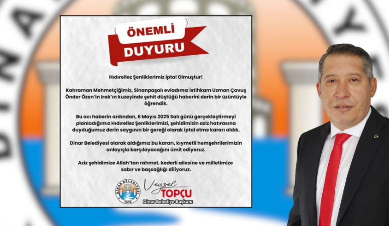 Dinar Belediyesinden Örnek Davranış Afyonkarahisar Sinanpaşa ilçesinde şehidimiz olması dolayısıyla Dinar Belediyesi sosyal medya