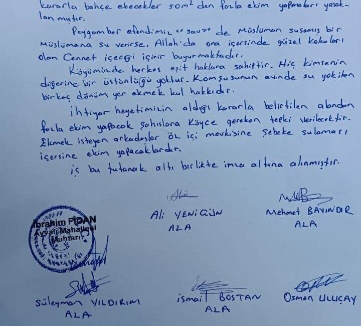 İhtiyar Heyeti 50 metrekareden fazla bahçe ekimini yasaklama kararı aldı Günyüzü’nün Ayvalı Mahallesi İhtiyar Heyeti, azalan kaynaklar ve kuraklık tehlikesi