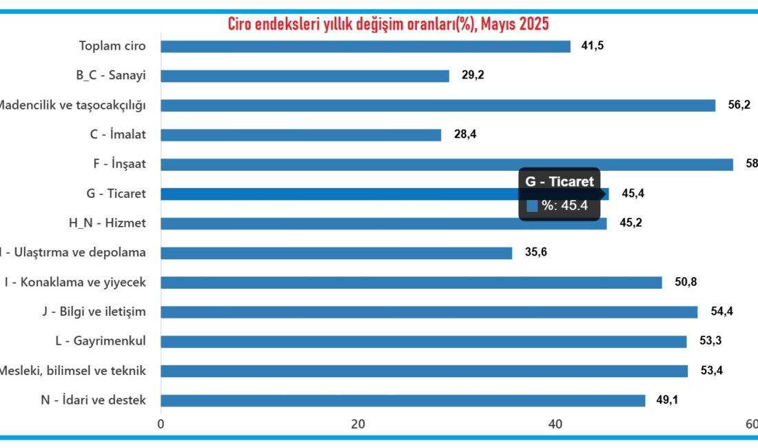 Toplam ciro yıllık yüzde 41,5 arttı Türkiye İstatistik Kurumu (TÜİK), mayıs ayına ilişkin ciro endeksini açıkladı.