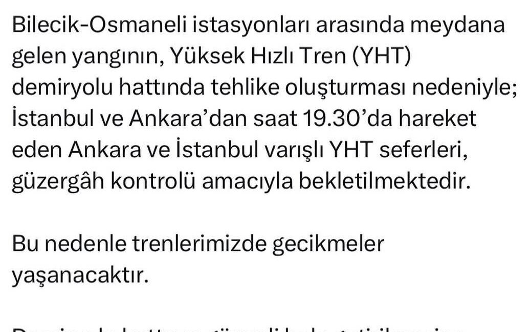 Bllecik’teki orman yangını hızlı tren seferlerini olumsuz etkiledi Bilecik’in Osmaneli ilçesinde devam orman yangını, İstanbul-Ankara hızlı tren seferlerini