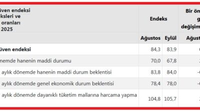 Türkiye İstatistik Kurumunun (TÜİK) açıkladığı verilere göre, Tüketici Güven Endeksi