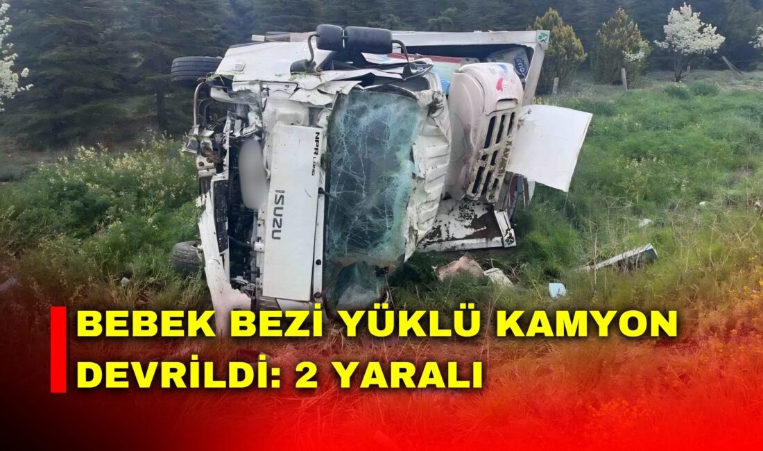 Afyonkarahisar’da şarampole devrilen kamyonda 2 kişi yaralanırken, kamyonun kasasında taşıdığı