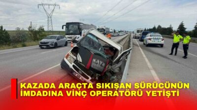 Afyonkarahisar’da bariyerlere çarpan kamyonette sıkışan sürücü, vinç yardımıyla çıkarılarak hastaneye