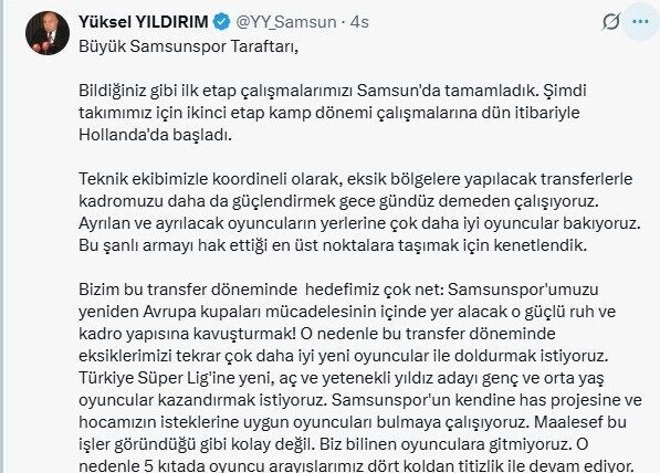 Yüksel Yıldırım: “Ayrılan oyuncuların yerine çok daha iyilerine bakıyoruz” SAMSUN (İHA) – Süper Lig ekiplerinden Samsunspor’un Başkanı Yüksel Yıldırım,