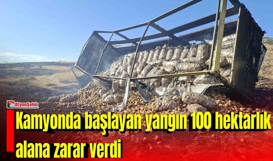 Afyonkarahisar’da patates yüklü kamyonun balatalarının aşırı ısınması sonucu çıkan ve