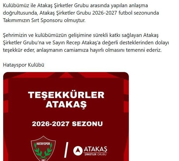 TFF 2. Lig ekiplerinden Hatayspor’un 2026-2027 futbol sezonunda sırt sponsorunun