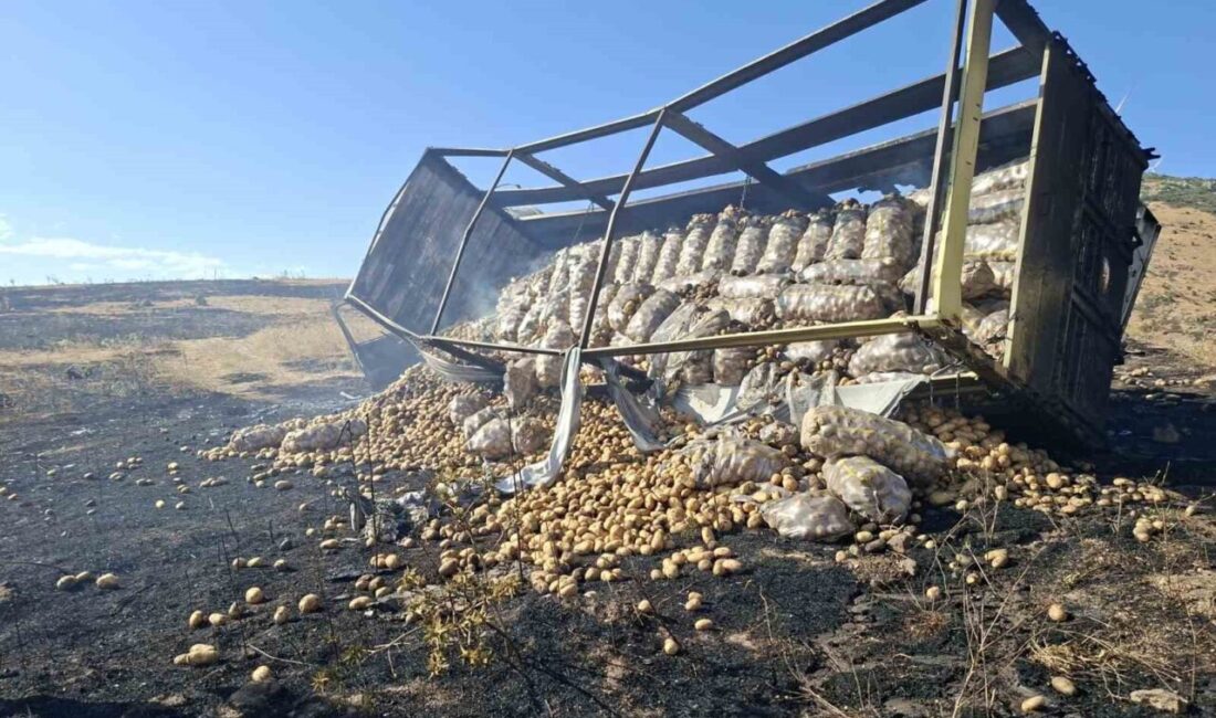 Balatalardan çıkan alevler kamyonu ve cevresini yaktı Afyonkarahisar’da patates yüklü kamyonun balatalarının aşırı ısınması sonucu çıkan yangında
