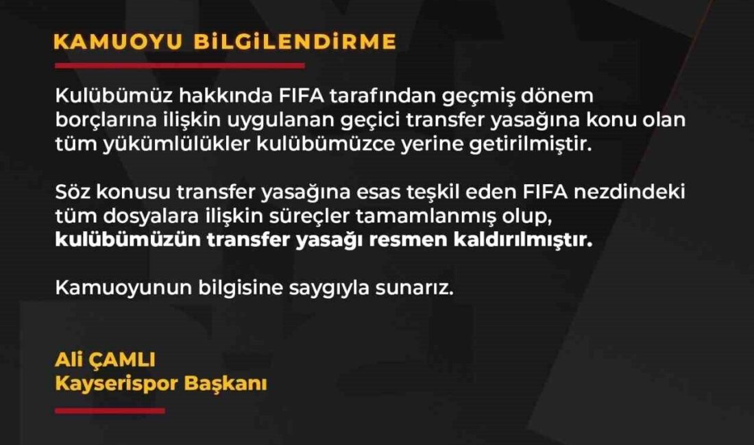 Kayserispor Başkanı Ali Çamlı, sosyal medyadan yaptığı açıklamada, transfer yasağına