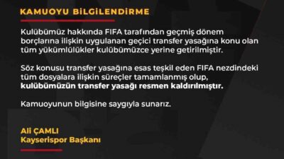 Kayserispor Başkanı Ali Çamlı, sosyal medyadan yaptığı açıklamada, transfer yasağına