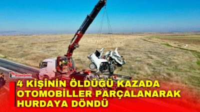 Afyonkarahisar’da 4 kişinin öldüğü trafik kazasında parçalanarak hurdaya dönen otomobiller