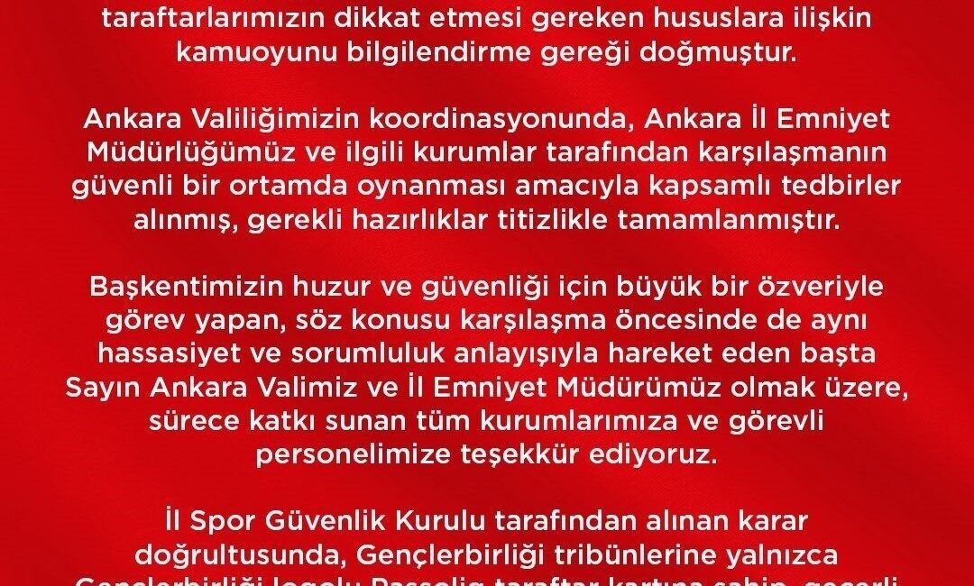 Gençlerbirliği – Amed SF maçına farklı logolu ve logosuz kartlı taraftar alınmayacak Trendyol Süper Lig’in 7. haftasında yarın oynanacak Gençlerbirliği-Amed Sportif Faaliyetler