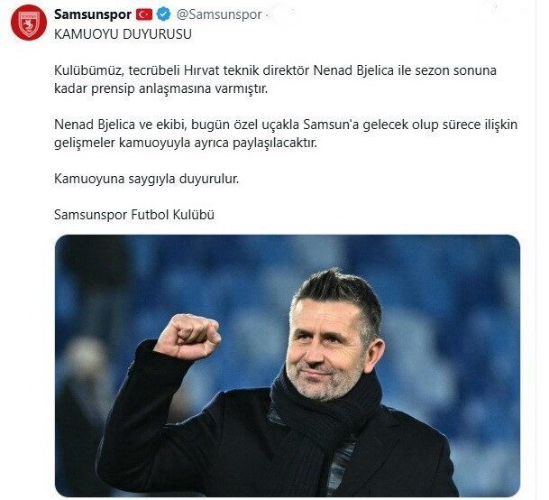 Samsunspor, Hırvat Teknik Direktör Nenad Bjelica ile sezon sonuna kadar